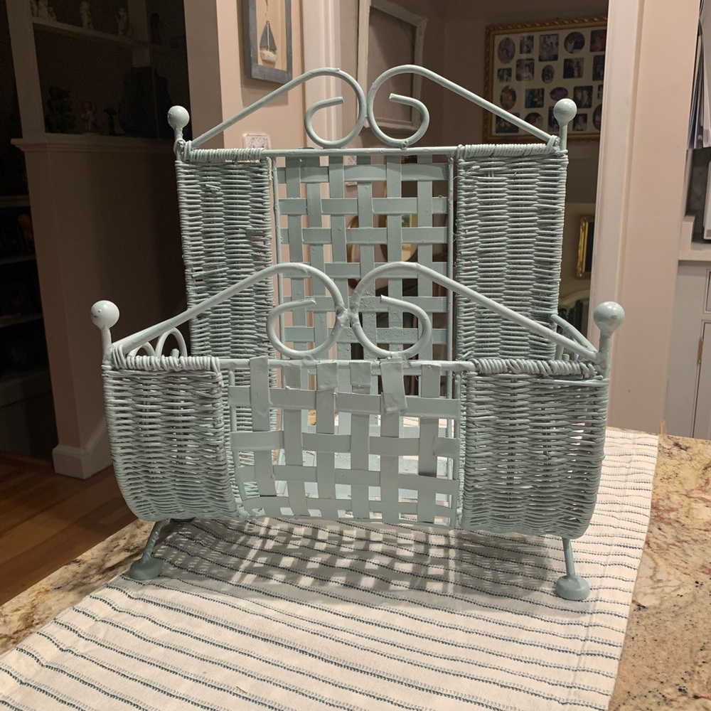 Vintage Wicker and Metal Magazine Rack in Light Blue